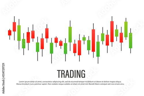 Stock market candlestick chart. Green and red Japanese candlesticks of the investment trading market. Growth point, trend graph. Trading stocks and coins. Vector illustration