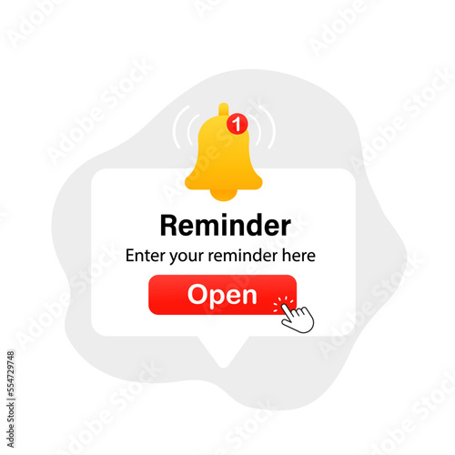 Alarm clock reminder on the screen. New message. Email notification with bell. Important reminder. Vector illustration