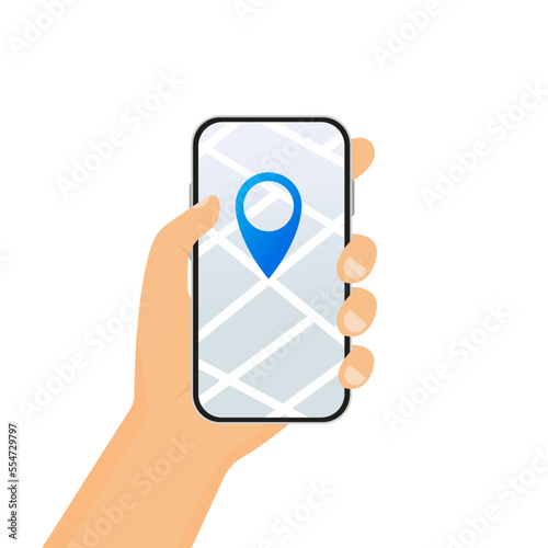 Map on phone my location with map navigation app on flat touch screen. Vector illustration