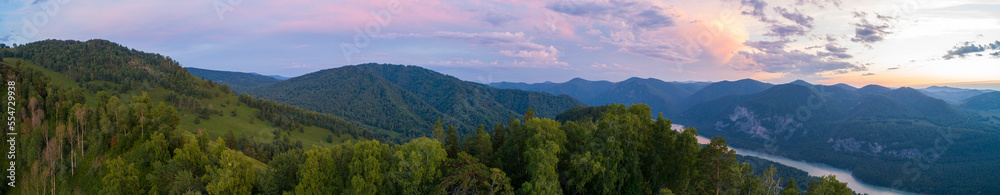 Landscape panorama in Altai mountains, Katun river with sunset, areal view from above Landscape panorama in Altai mountains, Katun river with sunset, areal view from above