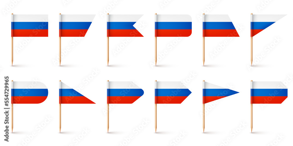 Realistic various Russian toothpick flags. Souvenir from Russia. Wooden toothpicks with paper flag. Location mark, map pointer. Blank mockup for advertising and promotions. Vector illustration