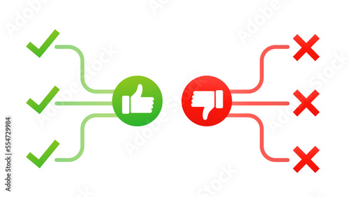 Dislike thumbs up and down tick and cross, flat thumbs up and down customer complaint logo graphic design isolated on red and green background. Vector illustration