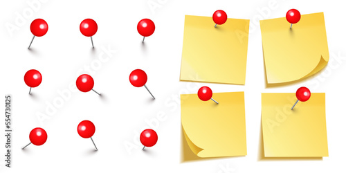 Realistic blank sticky notes isolated on white background. Yellow sheets of note paper with red round push pins. Paper reminder and plastic pushpin with needle. Board tacks. Vector illustration
