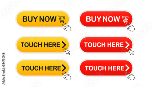 Buy now button and with shopping cart. Shop now. Modern collection for web site. Online shopping. Click here, apply, buttons hand pointer clicking. Web design elements. Vector illustration