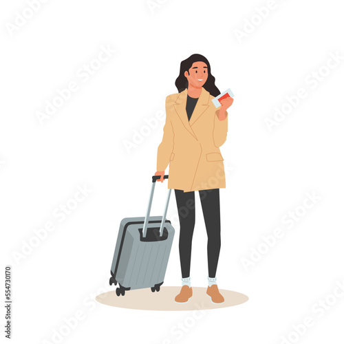 Businesswoman or entrepreneur carrying suitcase hurries to board departing aircraft.