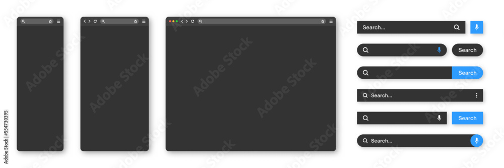 Obraz premium Blank internet browser window with various search bar templates, dark mode. Web site engine with search box, address bar and text field. UI design, website interface elements. Vector illustration