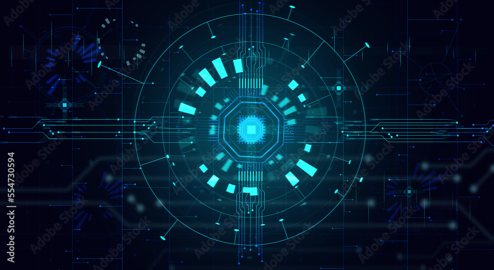 Abstract background with shapes, connections and a chip on a blue background. Artificial intelligence training concept Abstract background with shapes, connections and a chip on a blue background. Artificial intelligence training concept