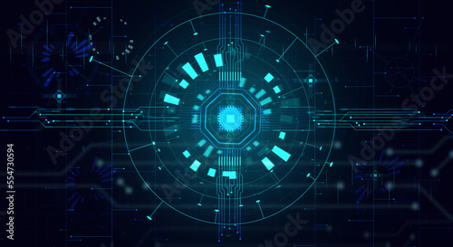Abstract background with shapes, connections and a chip on a blue background. Artificial intelligence training concept