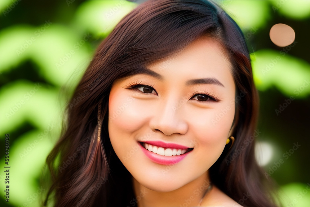 Friendly asian young woman smiling at camera portrait, nice and empathetic. Generative AI Friendly asian young woman smiling at camera portrait, nice and empathetic. Generative AI