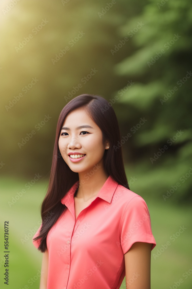 Friendly asian young woman smiling at camera portrait, nice and empathetic. Generative AI Friendly asian young woman smiling at camera portrait, nice and empathetic. Generative AI