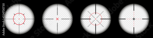 Weapon sights, sniper rifle optical scope on black background. Hunting gun viewfinder with crosshair. Aim, shooting mark symbol. Military target sign, silhouette. Game UI element. Vector illustration
