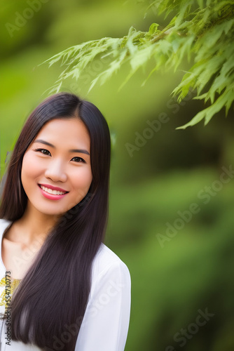 Friendly asian young woman smiling at camera portrait, nice and empathetic. Generative AI