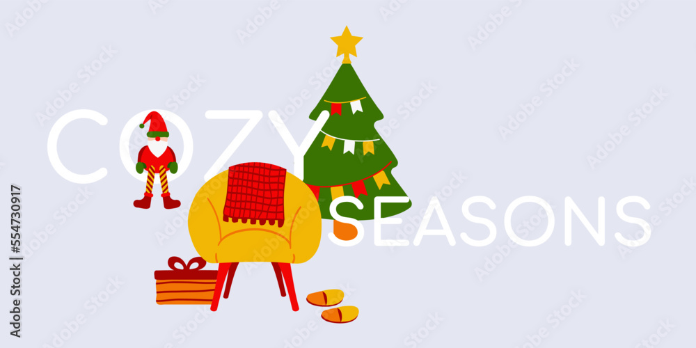 Cozy New Year's interior on a light background. Minimalist armchair with checkered plaid, warm slippers, gift box, decorated Christmas tree, Santa Claus doll. Text Cozy Seasons. Hygge style. Vector