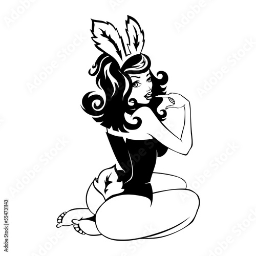 Beauty girl in rabbit costume kneels in a sexy pose. Comic style vector on transparent background
