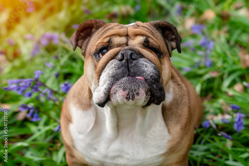 Red English British Bulldog Dog looking up, licking out its tongue and sitting in the bluebells on spring hot sunny day © Iryna