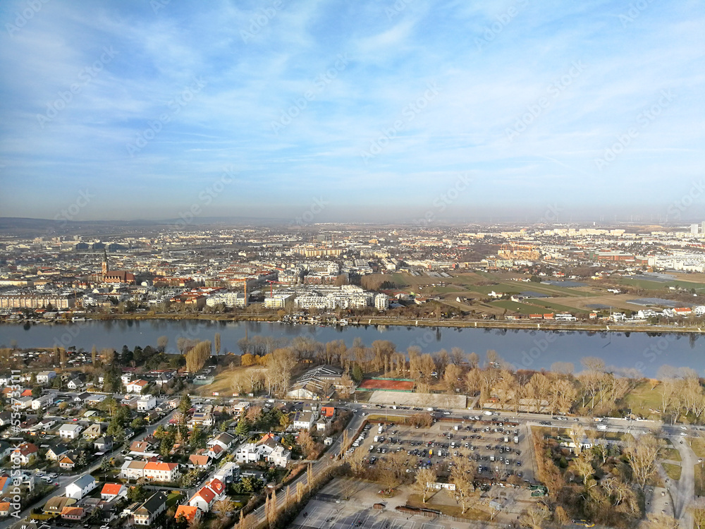 scenic view to skyline of Vienna with river Danube