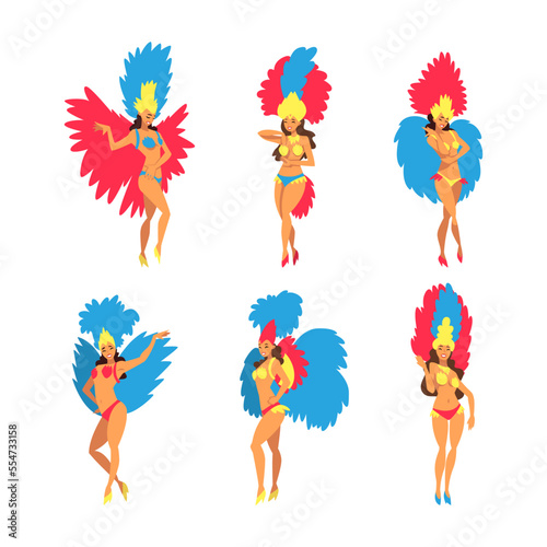 Bright Brazilian Female Samba Dancer Posing in Feathered Costume Vector Set