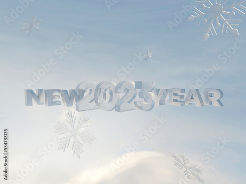 3D render of new year 2023 letters against icy white and blue background with snowflakes