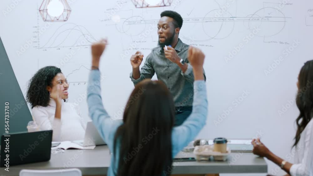 Business lecture, high five and black man speaker dance about a office meeting and presentation. Business meeting, coaching and funny mentor showing teamwork motivation success and happiness