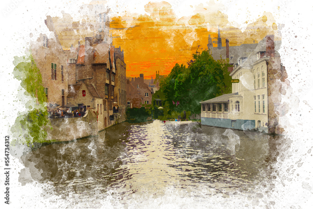 Watercolor painting of Bruges cityscape. Travel to Bruges Belgium concept. Brugge view at sunset. Watercolor painting illustration.