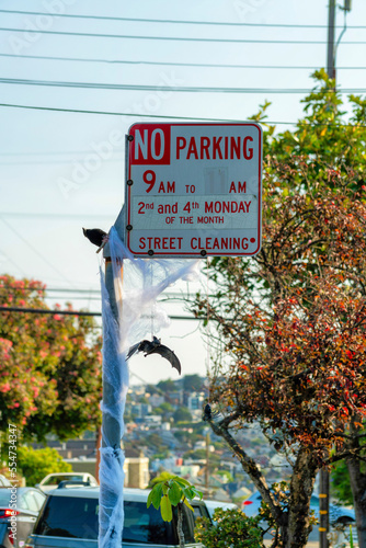 No parking sign in city or downtown in San Francisco California in shade in late afternoon with suburban or urban background