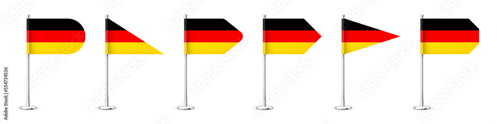 Realistic various German table flags on a chrome steel pole. Souvenir from Germany. Desk flag made of paper or fabric, shiny metal stand. Mockup for promotion and advertising. Vector illustration Realistic various German table flags on a chrome steel pole. Souvenir from Germany. Desk flag made of paper or fabric, shiny metal stand. Mockup for promotion and advertising. Vector illustration