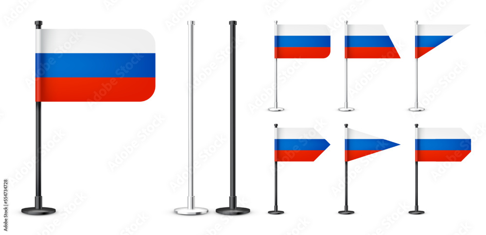Realistic various Russian table flags on a chrome steel pole. Souvenir from Russia. Desk flag made of paper or fabric, shiny metal stand. Mockup for promotion and advertising. Vector illustration Realistic various Russian table flags on a chrome steel pole. Souvenir from Russia. Desk flag made of paper or fabric, shiny metal stand. Mockup for promotion and advertising. Vector illustration