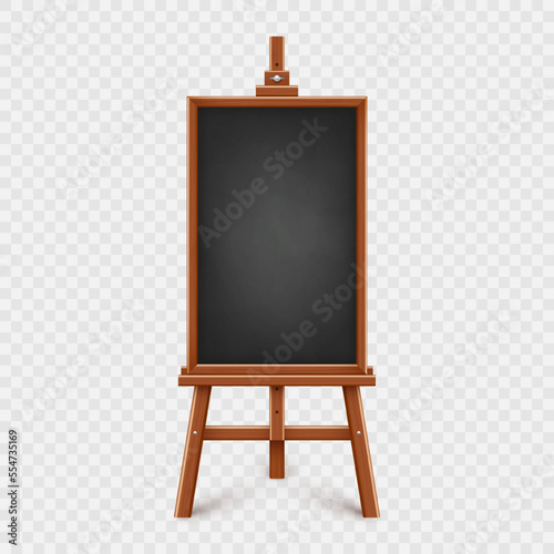 Realistic black chalkboard on wooden easel. Blank blackboard in wooden frame on a tripod. Presentation board, writing surface for text, drawing. Online studying, learning mockup. Vector illustration