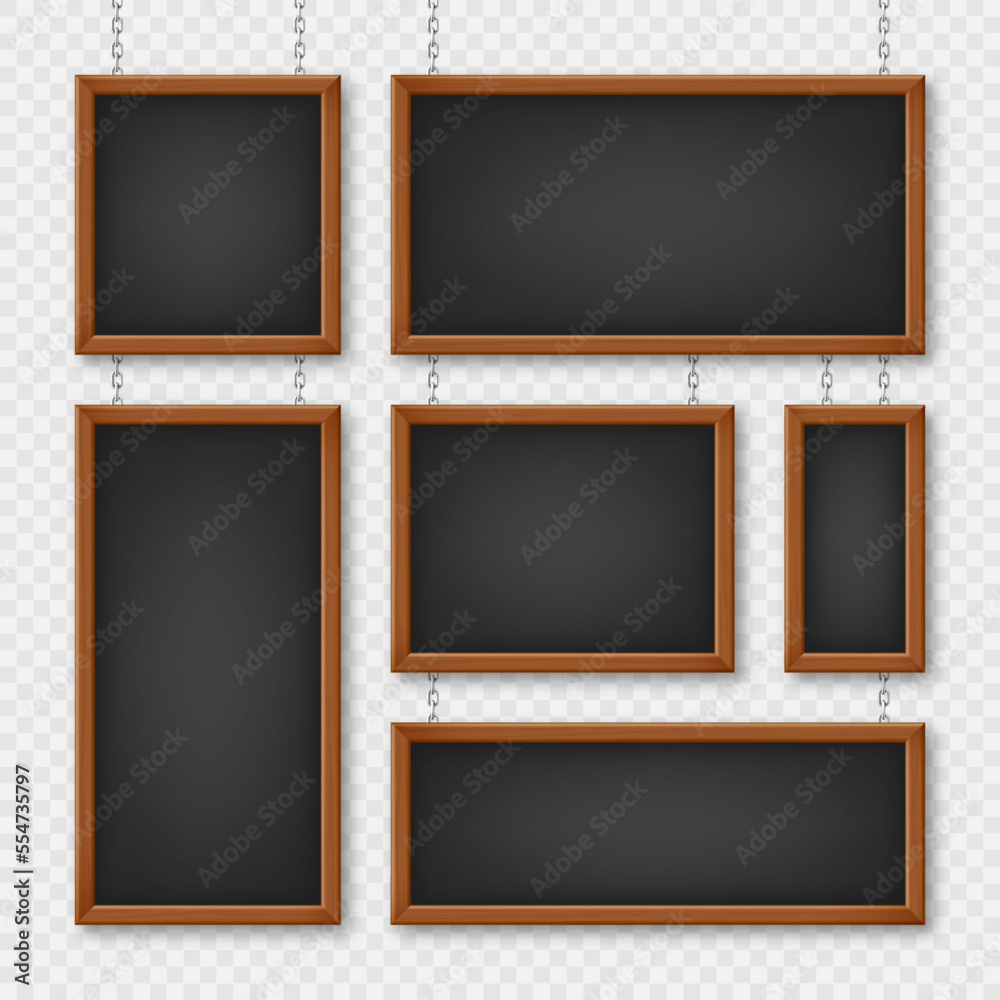 Signboards in a wooden frame hanging on a metal chain. Restaurant menu board. School chalkboard, writing surface for text or drawing. Blank advertising or presentation boards. Vector illustration Signboards in a wooden frame hanging on a metal chain. Restaurant menu board. School chalkboard, writing surface for text or drawing. Blank advertising or presentation boards. Vector illustration