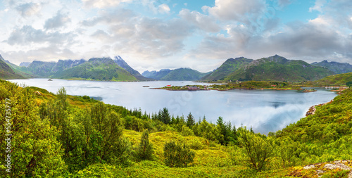 Lofoten fjord and mountains summer cloudy landscape, Norway. Panorama.