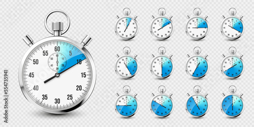 Realistic classic stopwatch icons. Shiny metal chronometer, time counter with dial. Blue countdown timer showing minutes and seconds. Time measurement for sport, start and finish. Vector illustration