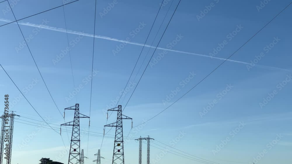 Electricity transmission power lines with steel cables, high voltage