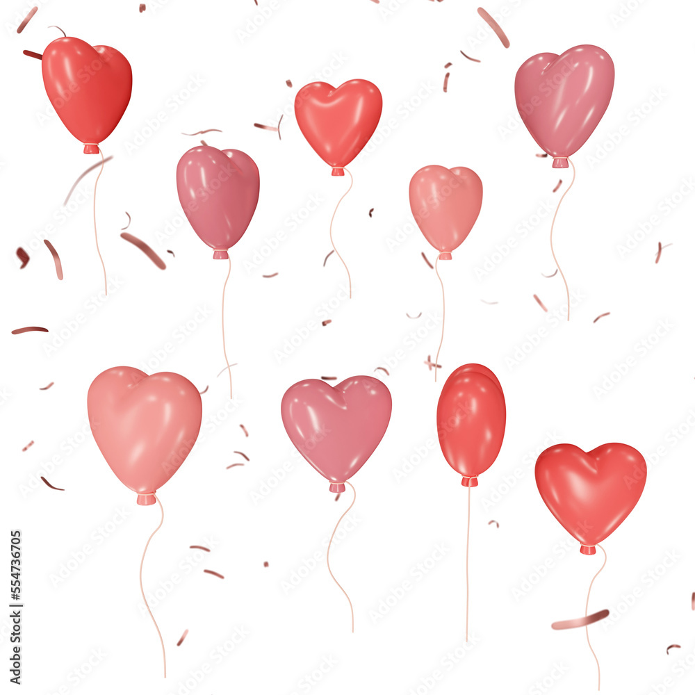 Heart shaped balloons with confetti 3D illustration