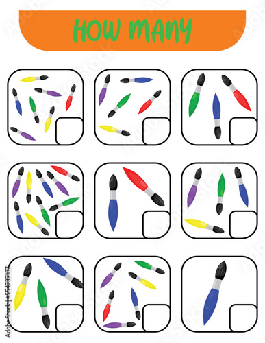 Count how many brushes. Write down the answer. Educational games for kids.