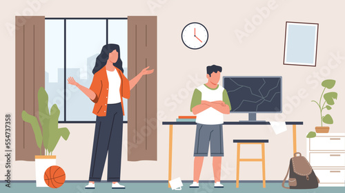 Parent quarrel with kid. Mother figuring relationship with naughty son, family scandal, unhappy child in conflict, argue stress people, bad behavior, nowaday vector cartoon flat concept