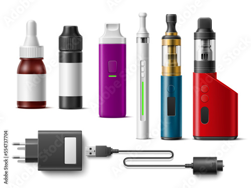 Realistic vape. 3d vaporizers elements, isolated electronic cigarettes different types, spare cartridges, battery and aromatic liquid, portable e-cigarette, smoking accessory utter vector set