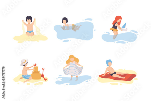 Little Boy and Girl Having Vacation at Sea Splashing in Water and Having Fun Vector Set