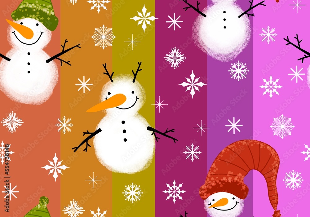 Obraz premium Winter seamless snowman and snowflakes pattern for Christmas wrapping paper and kids notebooks