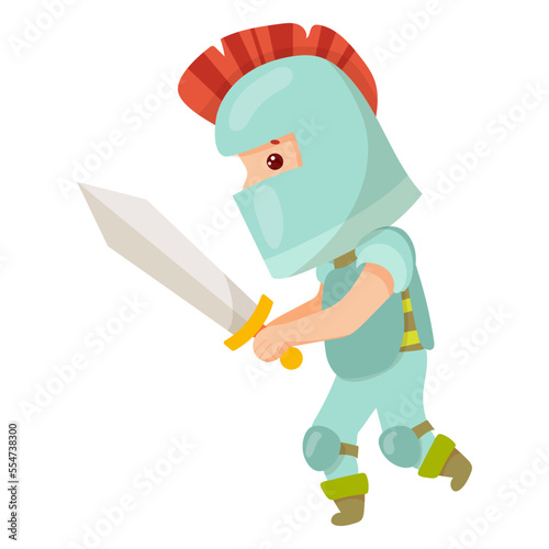 The little knight. Middle Ages. Metal armor. Knight tournaments. Children in fairy costumes, isolated vector illustration.