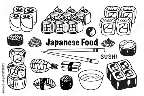 Japanese sushi roll set in hand drawn doodle style. Asian food for restaurants menu