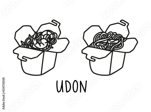 Udon noodles take out in hand drawn doodle style. Asian food for restaurants menu