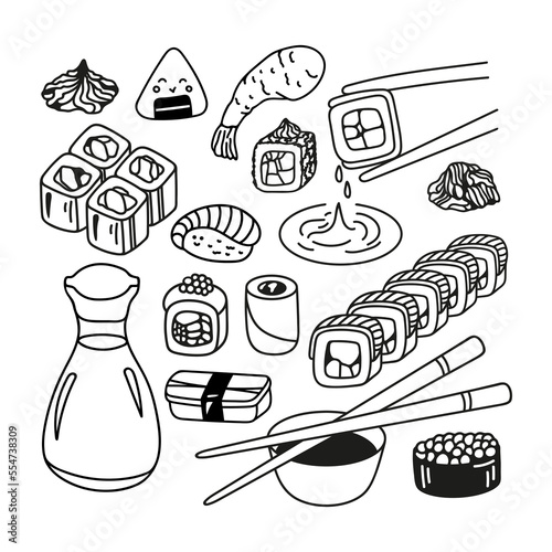 Japanese sushi roll set in hand drawn doodle style. Asian food for restaurants menu
