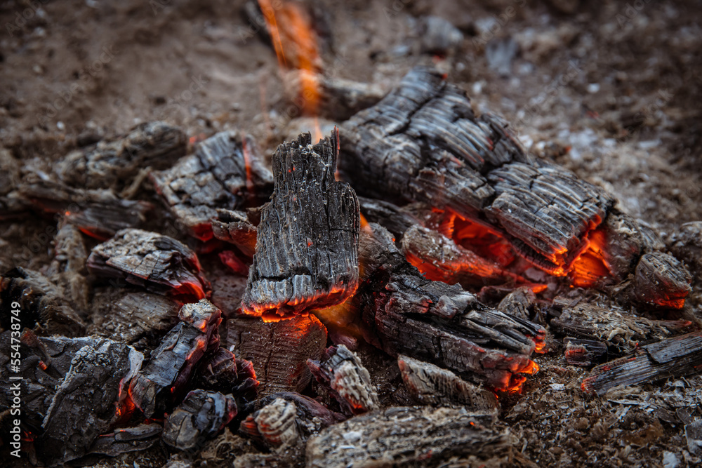 Close up of burning coals of campfire