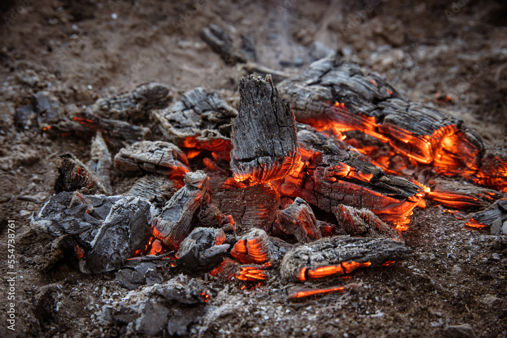 Close up of burning coals of campfire Close up of burning coals of campfire