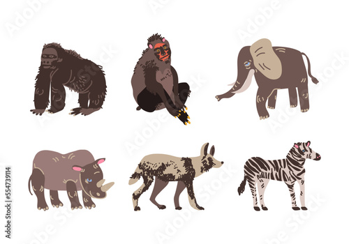 African Animals with Elephant, Rhino, Zebra, Gorilla and Hyena Vector Set