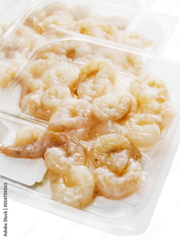 Fresh uncooked prawns on a plastic tray, white background Fresh uncooked prawns on a plastic tray, white background