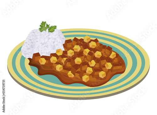 Carapulcra traditional Peruvian dish stew made of dry potatoes, saute with meat. Latin American food. Colorful vector illustration isolated on white background.