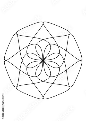 grafik aus schwarzen linien einer blüte mit acht überlappendrn blütenblättern innerhalb von einer kreisförmigen umrandung