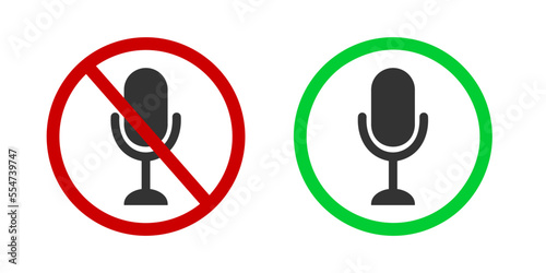 Record disabled and enabled pictograms. Sound off and on symbols in online conference. Microphone icon in red forbidden and green allowed signs. Vector flat illustration