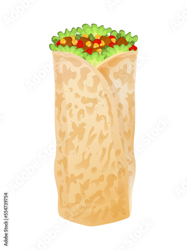 Burrito, traditional Mexican food, ground meat with vegetables rolled into tortilla. Latin American food. Colorful vector illustration isolated on white background.